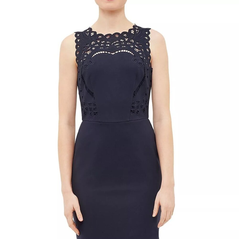 TED BAKER "VERITA' CUTOUT YOKE SHEATH NAVY DRESS